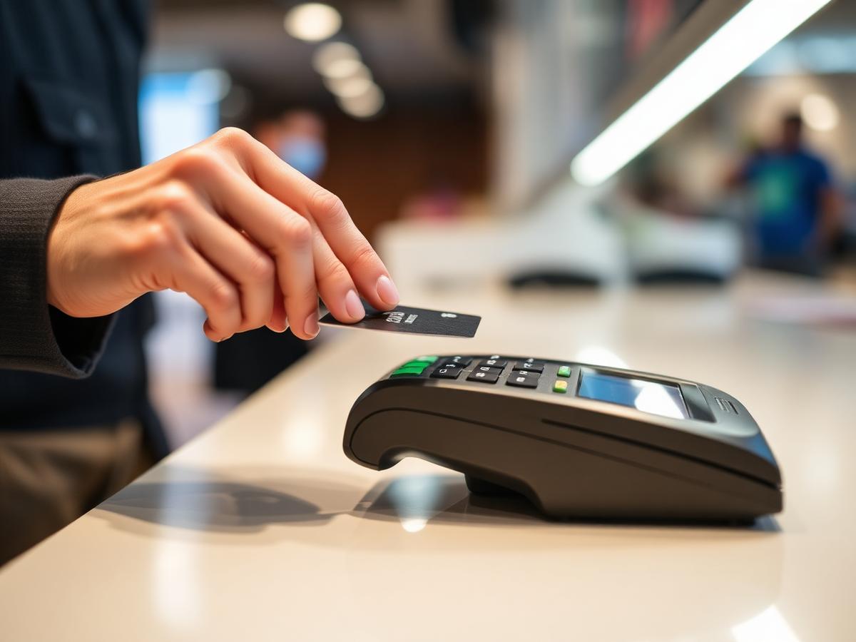 Customer tapping a card on a modern payment terminal