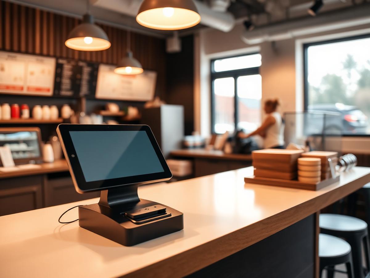 Modern POS terminal on a restaurant checkout counter